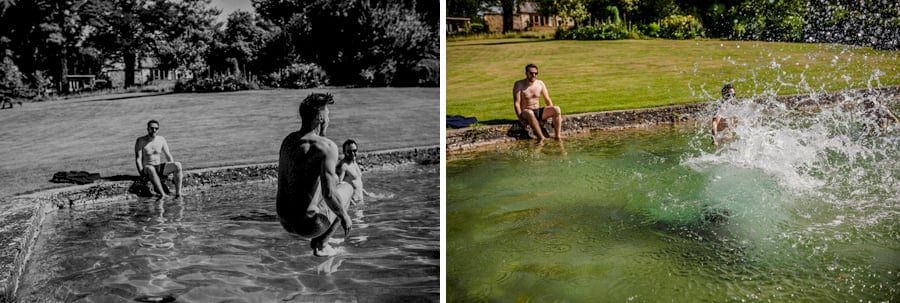 Ushers and the groom jump into the outdoor swimming pool at Pennard house, Somerset