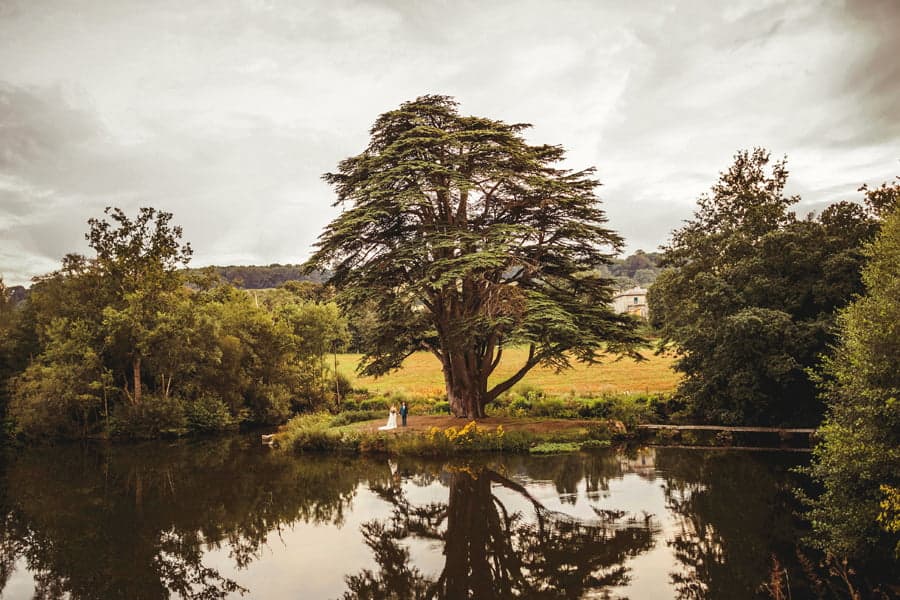 The bride and groom stand next to each other under a large tree in front a large lake