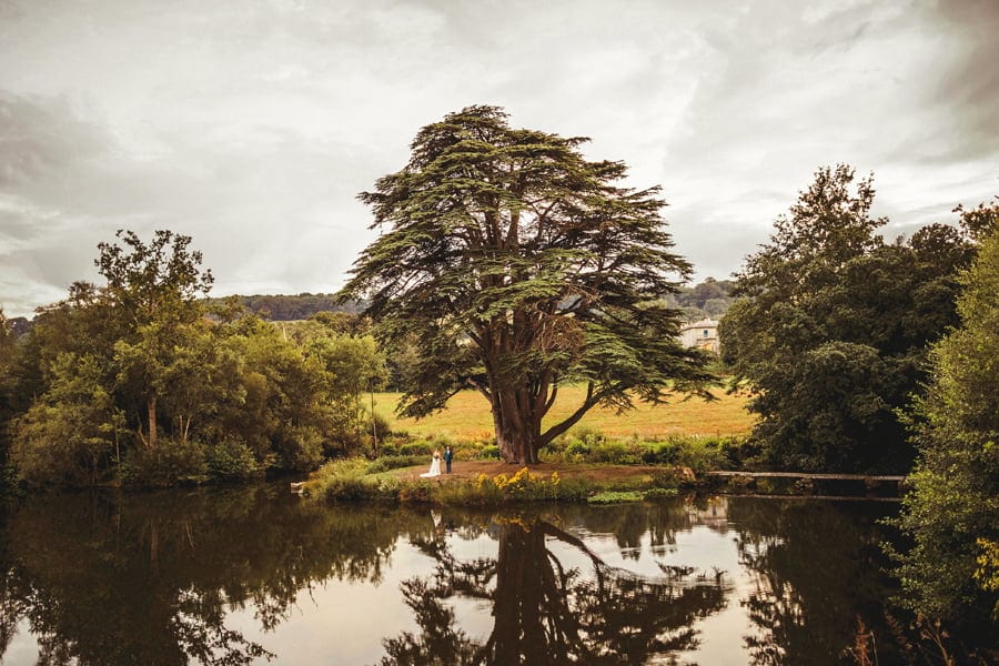 The bride and groom stand next to each other under a large tree in front a large lake